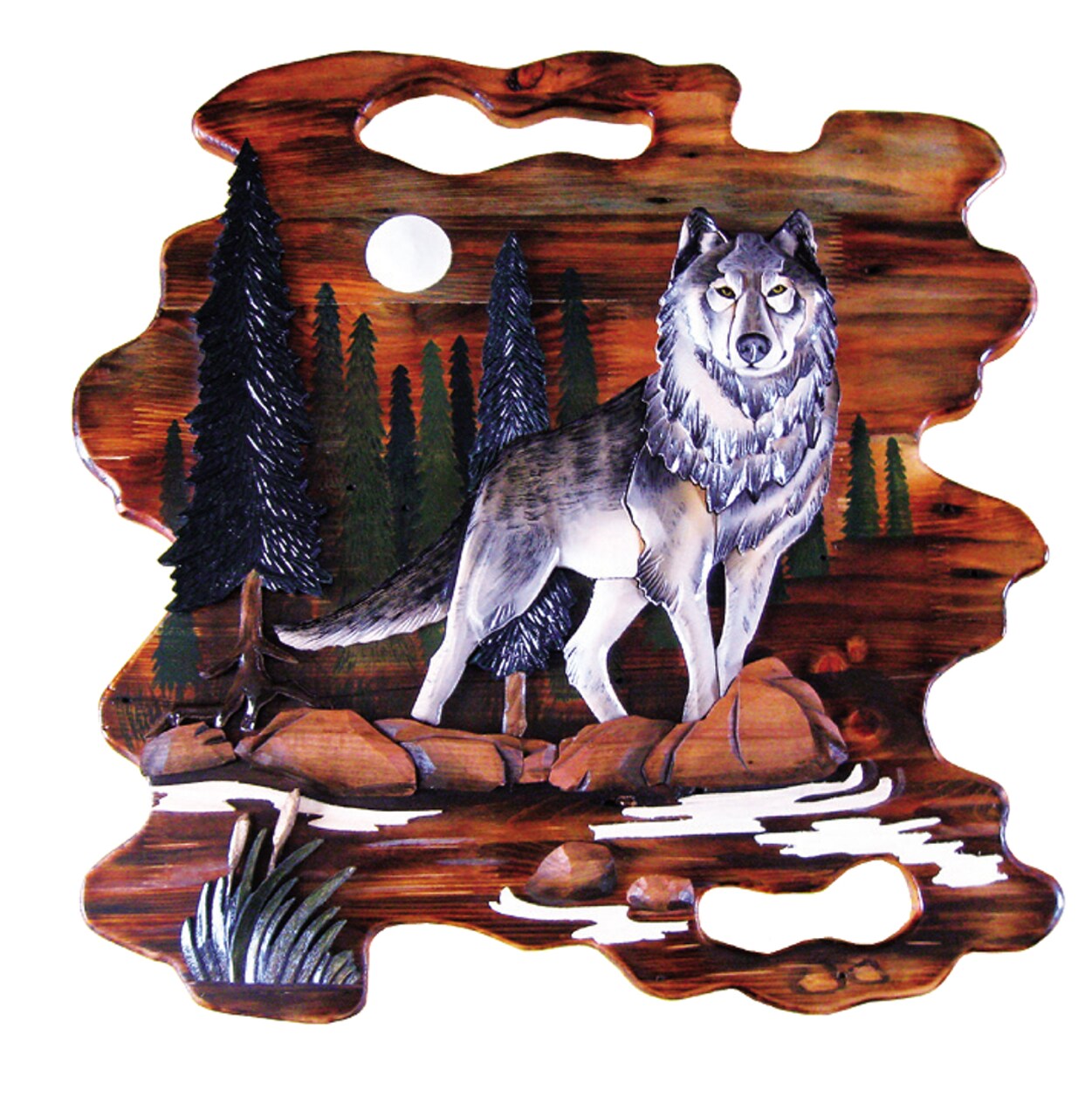 Wolf Hand Crafted Intarsia Wood Art Wall Hanging 26 X 26 X 2.5 Inches